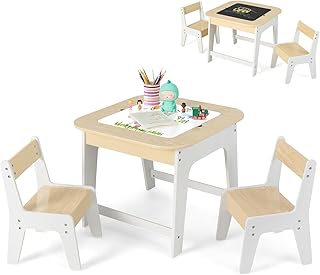 GYMAX Kids Table and Chair Set, Children Activity Desk with Removable Blackboard/Whiteboard Tabletop & Hidden Storage Space, Wooden Toddler Furniture Set for Drawing Playing Learning (Natural+White)