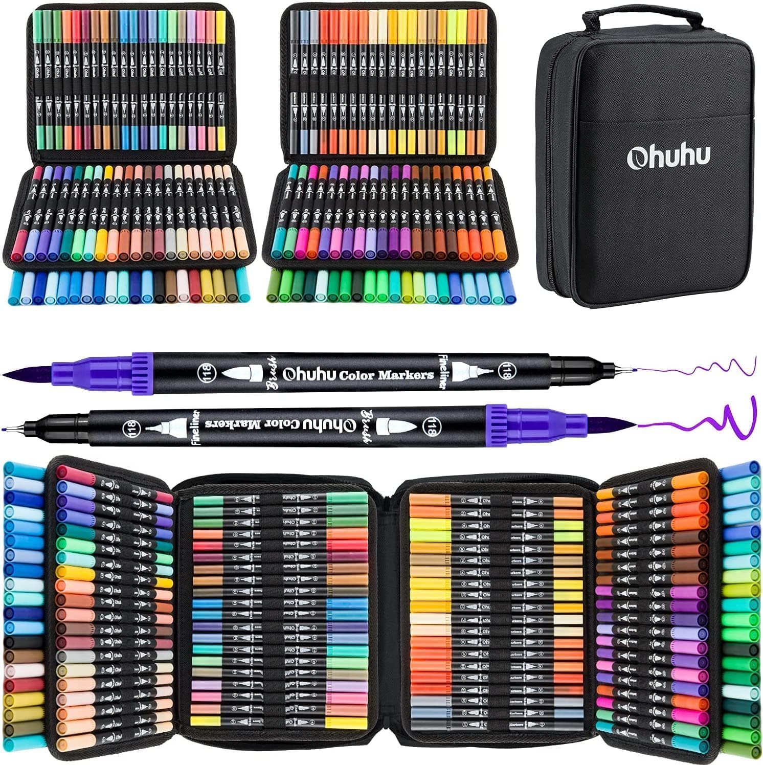 Ohuhu 160 Colouring Pens, Dual Tip Brush Pens Felt Tip Pens Art Markers with Fineliner, for Kids Adults Colouring Book Drawing Calligraphy Sketching Journal, Maui - Carrying Bag-0