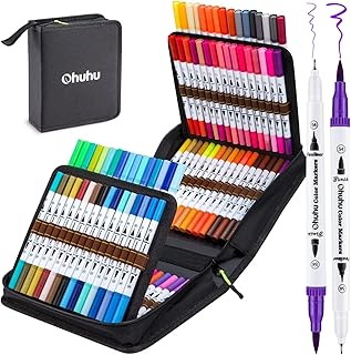 Ohuhu Colouring Pens 100 Colours, Dual Tip Brush Pens Felt Tip Pens, Art Markers with Fineliner, for Kids Adults Colouring Book Drawing Calligraphy Sketching Journal, Maui - Carrying Bag