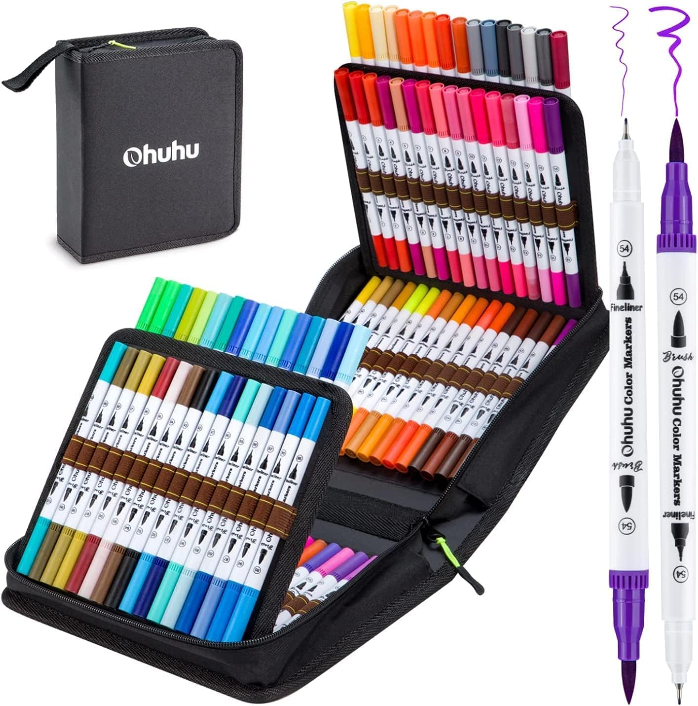 Ohuhu Colouring Pens 100 Colours, Dual Tip Brush Pens Felt Tip Pens, Art Markers with Fineliner, for Kids Adults Colouring Book Drawing Calligraphy Sketching Journal, Maui - Carrying Bag-0