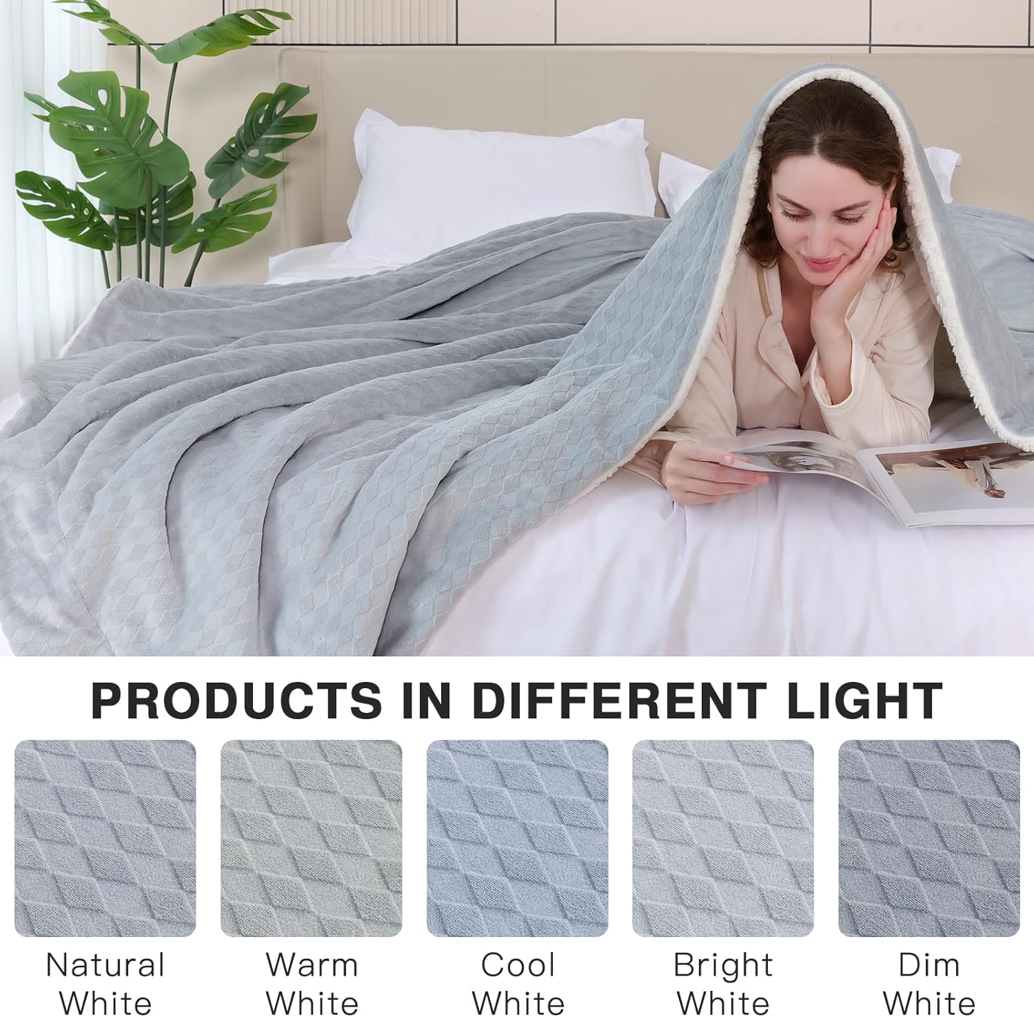 PanxHome Sherpa Fleece Blanket 200x230 cm, Unique Rhombus Jacquard Milk Velvet Blanket, 470GSM Warm and Fluffy Blanket, Soft Blanket for Bed Queen Size, Sofa Throw, Anti-Static Blanket, Light Grey-2