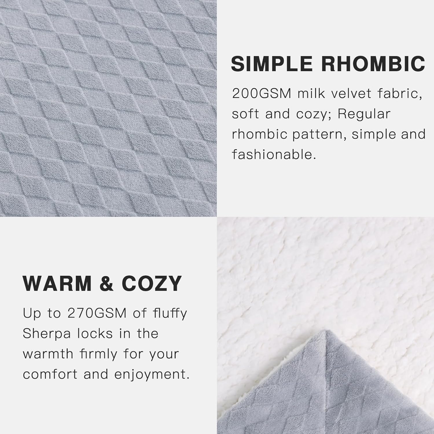 PanxHome Sherpa Fleece Blanket 200x230 cm, Unique Rhombus Jacquard Milk Velvet Blanket, 470GSM Warm and Fluffy Blanket, Soft Blanket for Bed Queen Size, Sofa Throw, Anti-Static Blanket, Light Grey-3