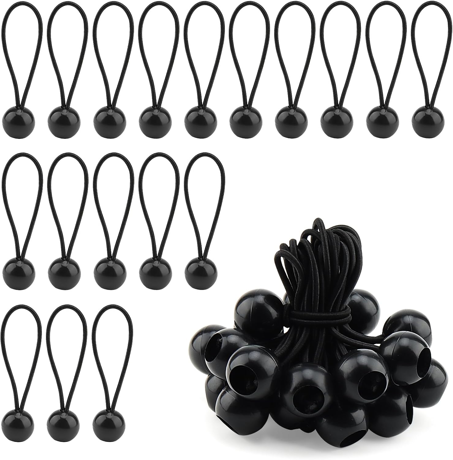 ZEONHAK 50 PCS 4 Inch Bungee Ball,10cm Bungee Cord with Ball, Flag Bungees Ties for Camping Tarp, Tarpaulin, Black-0