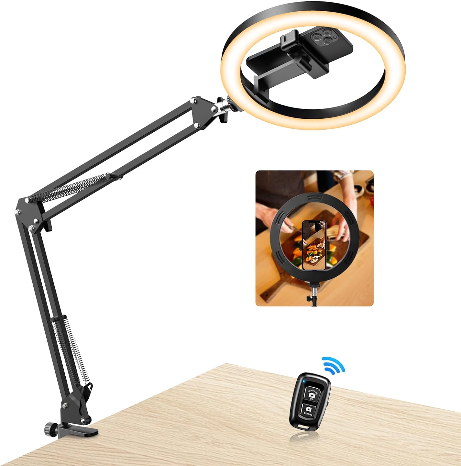 Evershop Ring Light with Tripod Stand & Phone Holder Overhead Mount,10" Ringlight Desk Streaming Selfie Phone Halo Light Flexible 3 Light Colors+10 Brightnesses 360°Rotatable Lighting Tiktok YouTube-0