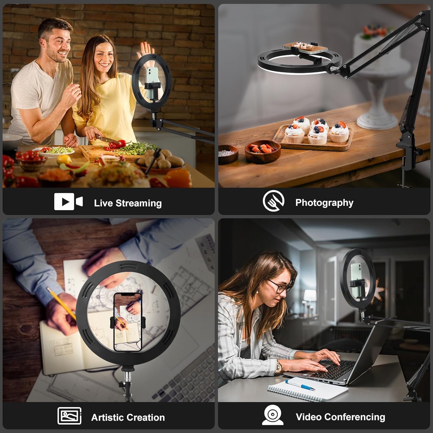 Evershop Ring Light with Tripod Stand & Phone Holder Overhead Mount,10" Ringlight Desk Streaming Selfie Phone Halo Light Flexible 3 Light Colors+10 Brightnesses 360°Rotatable Lighting Tiktok YouTube-2