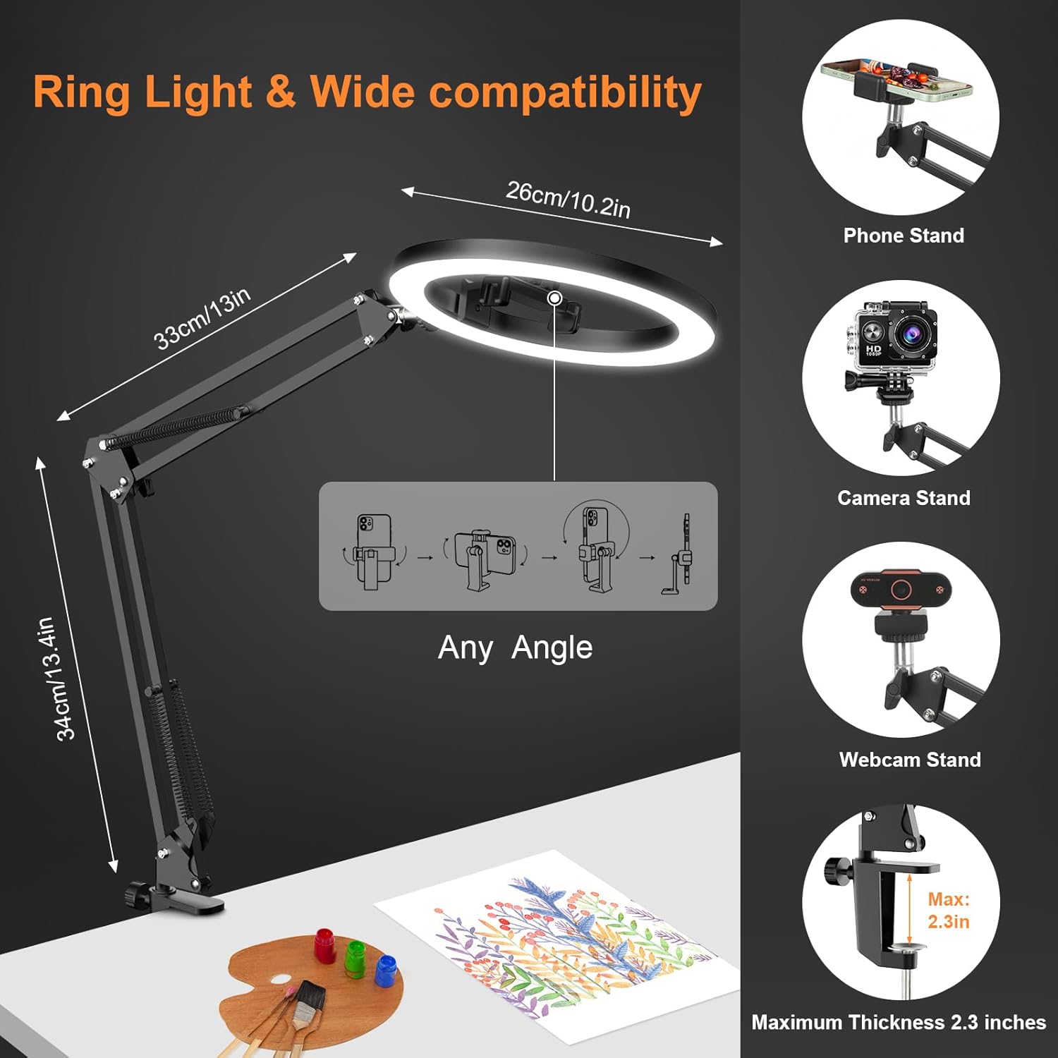 Evershop Ring Light with Tripod Stand & Phone Holder Overhead Mount,10" Ringlight Desk Streaming Selfie Phone Halo Light Flexible 3 Light Colors+10 Brightnesses 360°Rotatable Lighting Tiktok YouTube-5