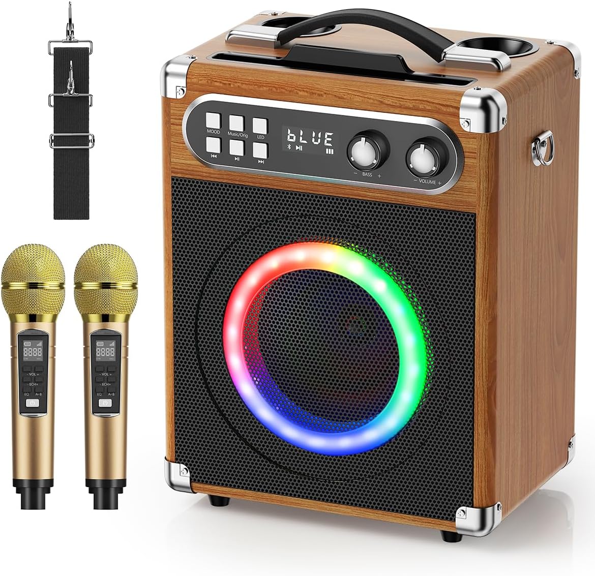 GJCrafts Karaoke Machine, Portable Bluetooth Speaker with 2 UHF Wireless Microphone and Bass/Treble Adjustment, PA System Support TWS, AUX-in, FM,REC, Supply for Party/Meeting/Outdoor Activities-0