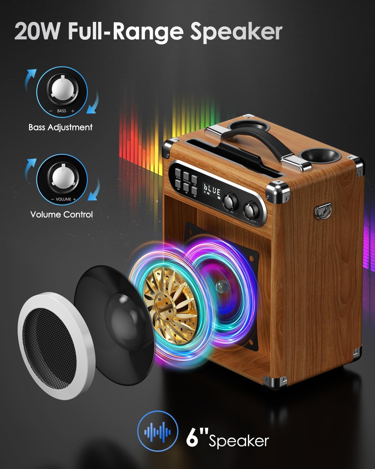 GJCrafts Karaoke Machine, Portable Bluetooth Speaker with 2 UHF Wireless Microphone and Bass/Treble Adjustment, PA System Support TWS, AUX-in, FM,REC, Supply for Party/Meeting/Outdoor Activities-2