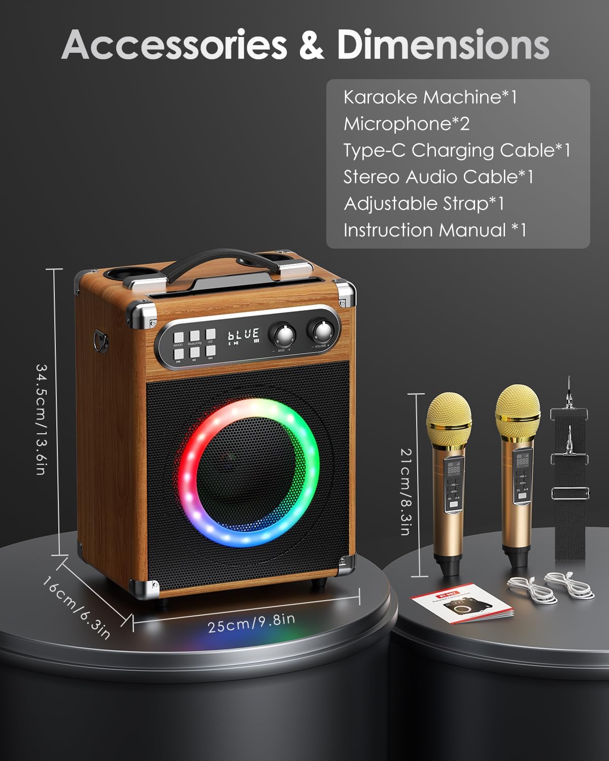 GJCrafts Karaoke Machine, Portable Bluetooth Speaker with 2 UHF Wireless Microphone and Bass/Treble Adjustment, PA System Support TWS, AUX-in, FM,REC, Supply for Party/Meeting/Outdoor Activities-5