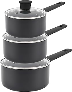 Russell Hobbs COMBO-8693 Saucepan Set – Non-Stick Pans, Induction, With Glass Lids, High Performance, Easy-Clean, Use Little/No Oil, Soft-Touch Handle, 5 Year Guarantee, 16/18/20 cm, Shield Collection