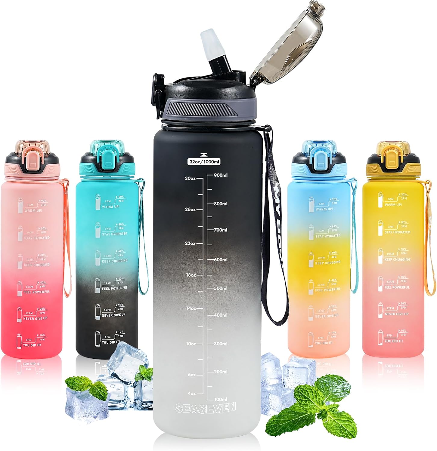 SEASEVEN 1L Water Bottle with Straw,Plastic Drinks Bottle,1 Litre Sports Water Bottles with Time Markings,Girls Boys Waterbottle Leak-Proof & Bpa-Free for Gym,Cycling, Office, Outdoor-0