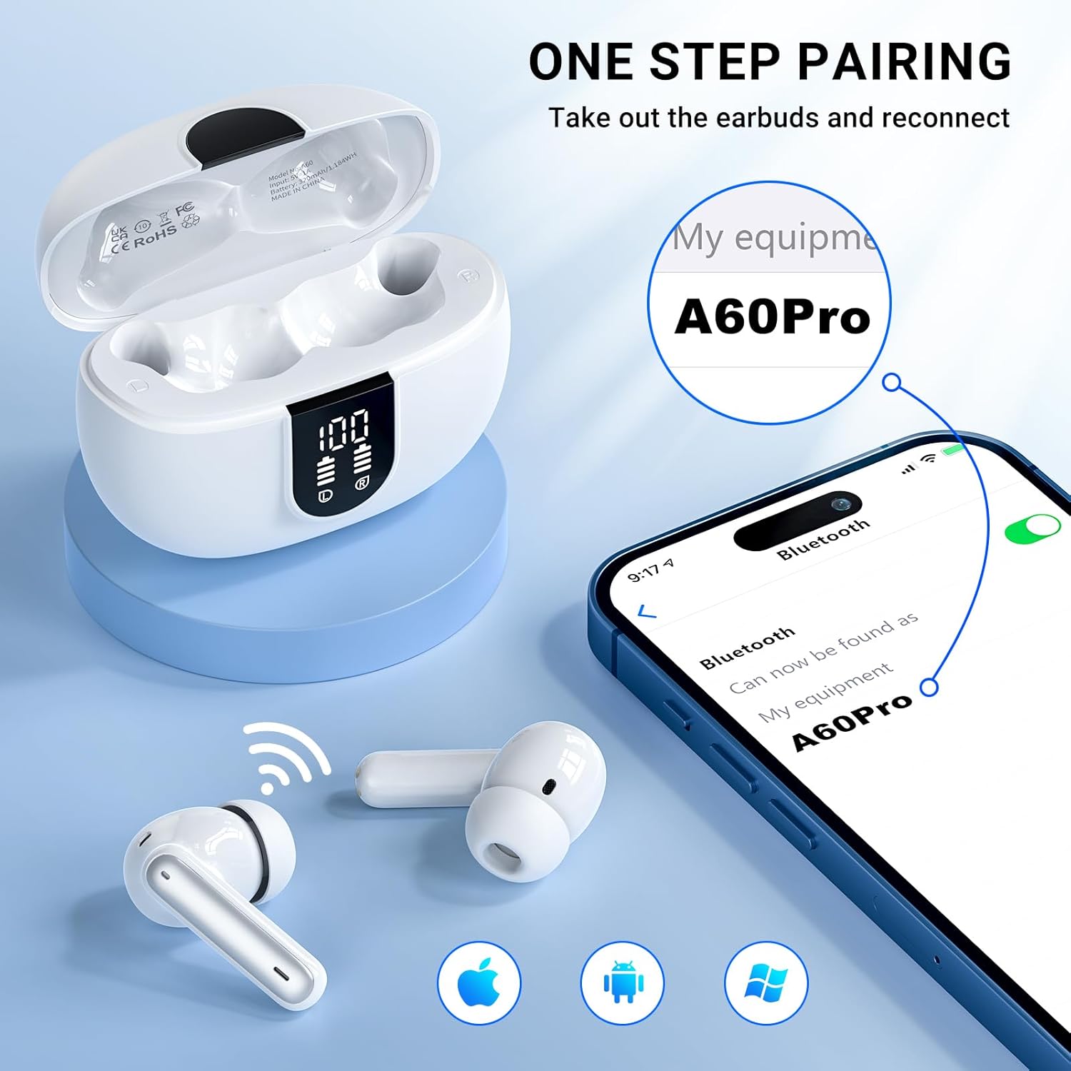 Wireless Earbuds,Wireless Earphones Bluetooth 5.3 in Ear with 4 Mic ENC Calls Noise Cancelling Wireless Headphones Mini LED Display HiFi Stereo 42H Playtime Bluetooth Earbuds Touch Control/IP6/White-3