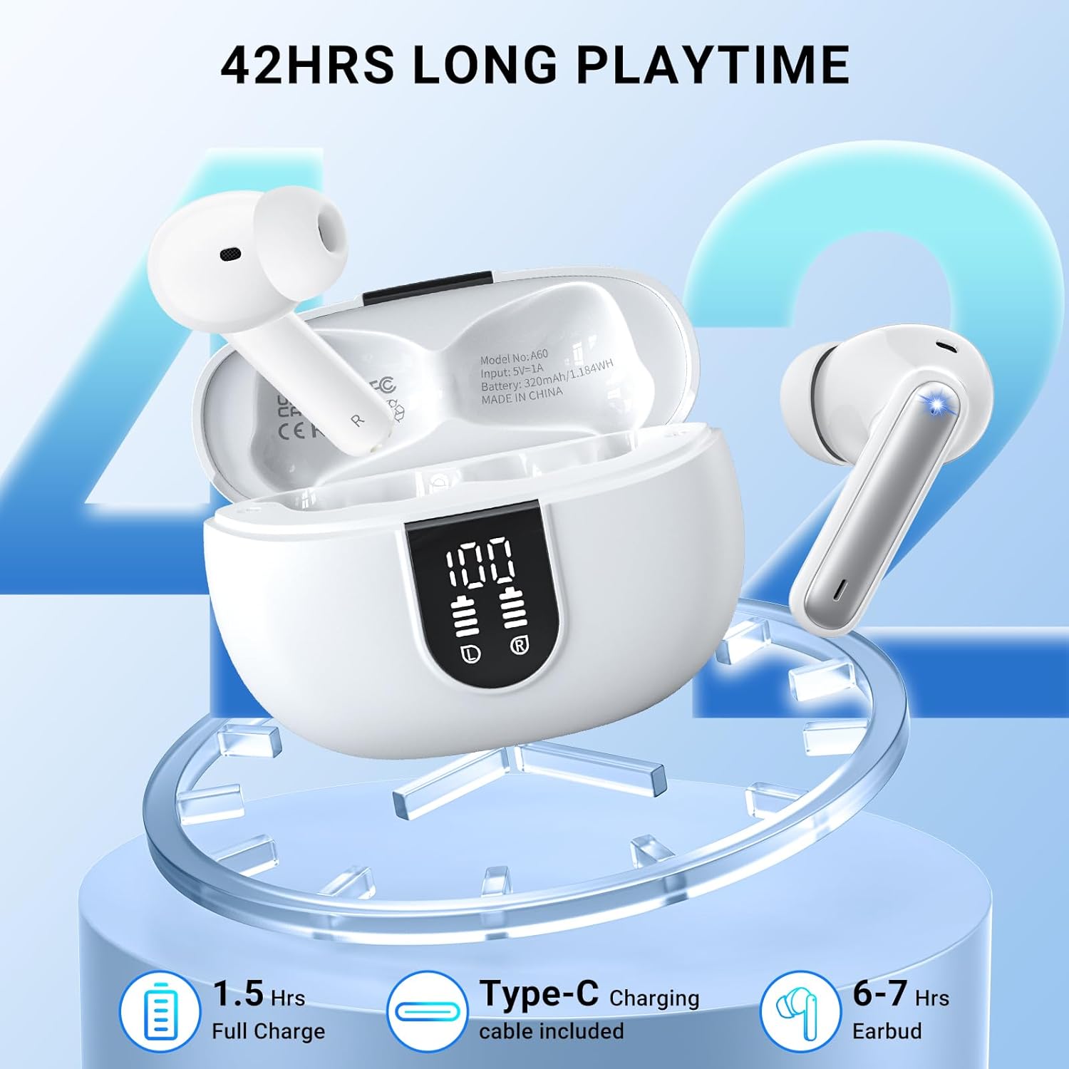 Wireless Earbuds,Wireless Earphones Bluetooth 5.3 in Ear with 4 Mic ENC Calls Noise Cancelling Wireless Headphones Mini LED Display HiFi Stereo 42H Playtime Bluetooth Earbuds Touch Control/IP6/White-4