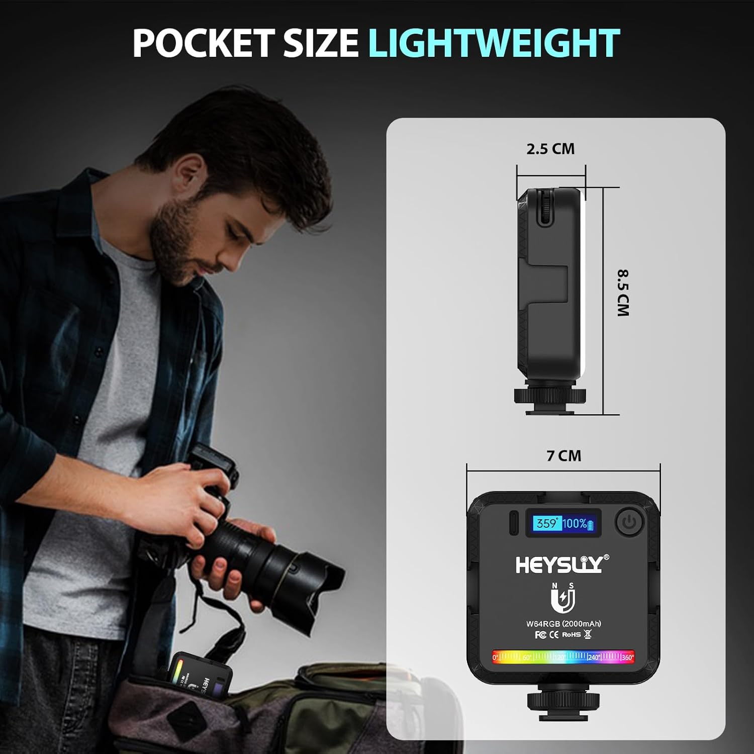 Heysliy RGB Video Light,Camera Light 360° Full-Color,Selfie Photography Lights with Mini Tripod,2000mAh Rechargeable Portable Light,2500-9000K Dimmable Led Panel Light-2