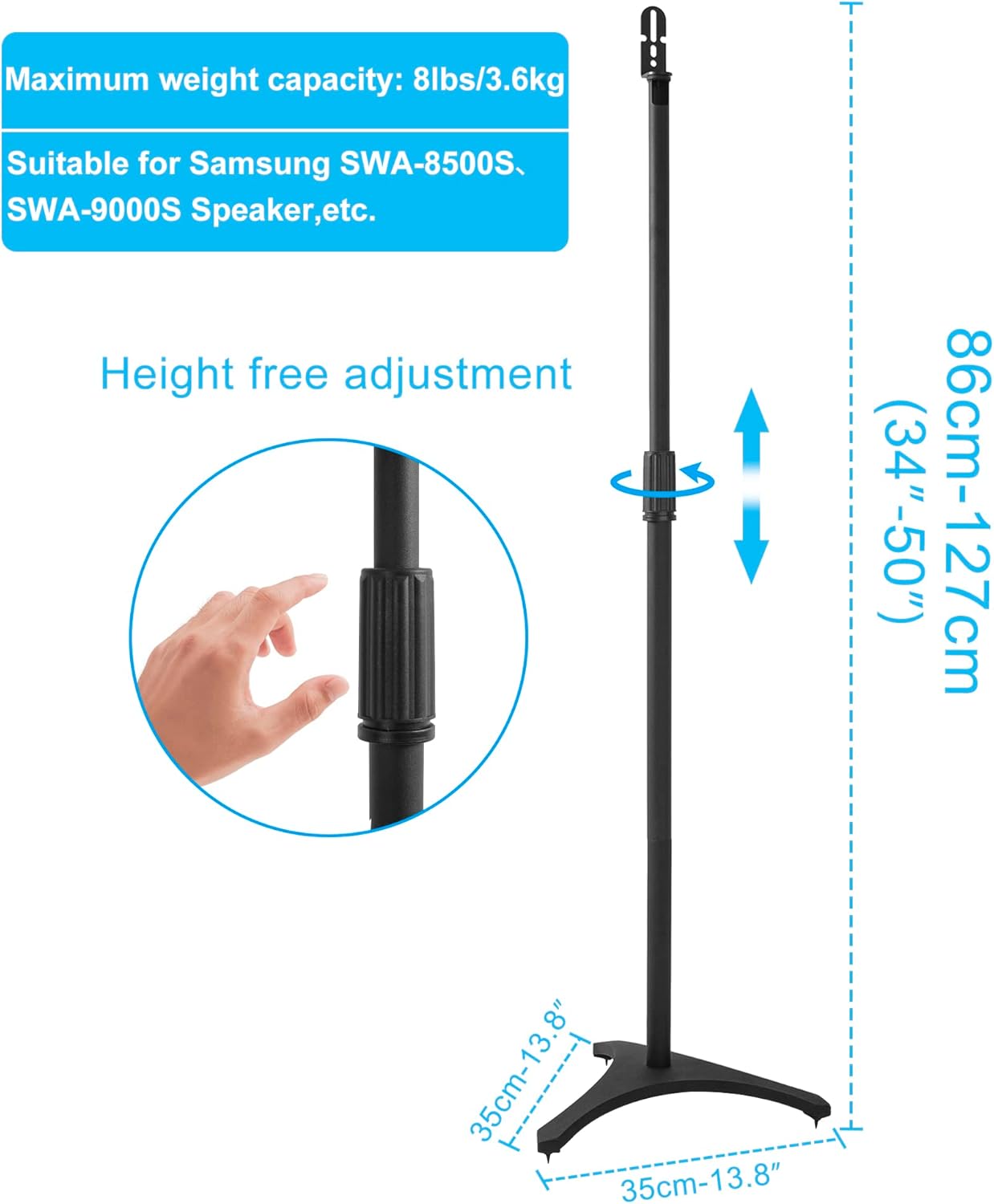 BQKOZFIN 1 Pair Floor Speaker Stands, Height Adjustable Bookshelf Speaker Stand, Metal Triangle Speaker Stand, Compatible for Satellite Speakers & Small Bookshelf Speakers, 3.6KG Capacity Per Stand-1