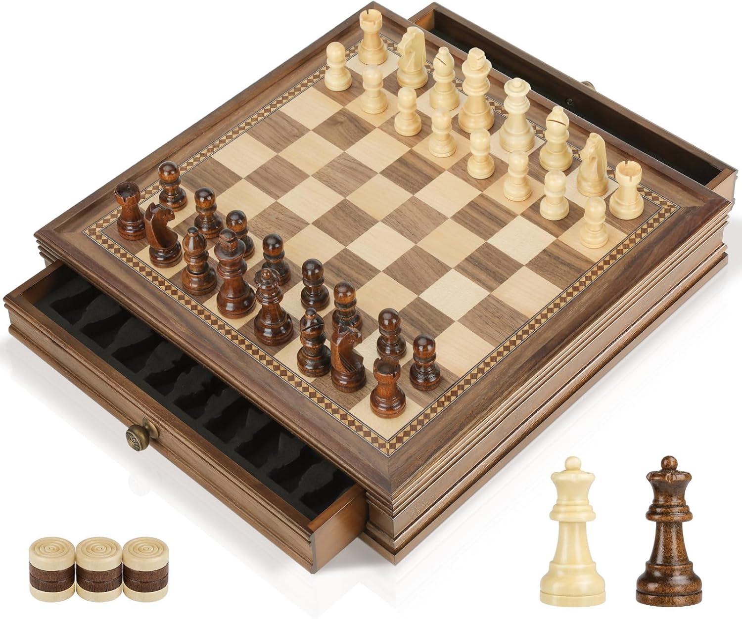 Peradix Magnetic Wooden Chess Set - 32.5 x 32.5 cm Chess Board Game with 2 Built-in Storage Drawers - 2 Bonus Extra Queens - Chess for Beginner, Kids, and Adults, Gift Packaging-0