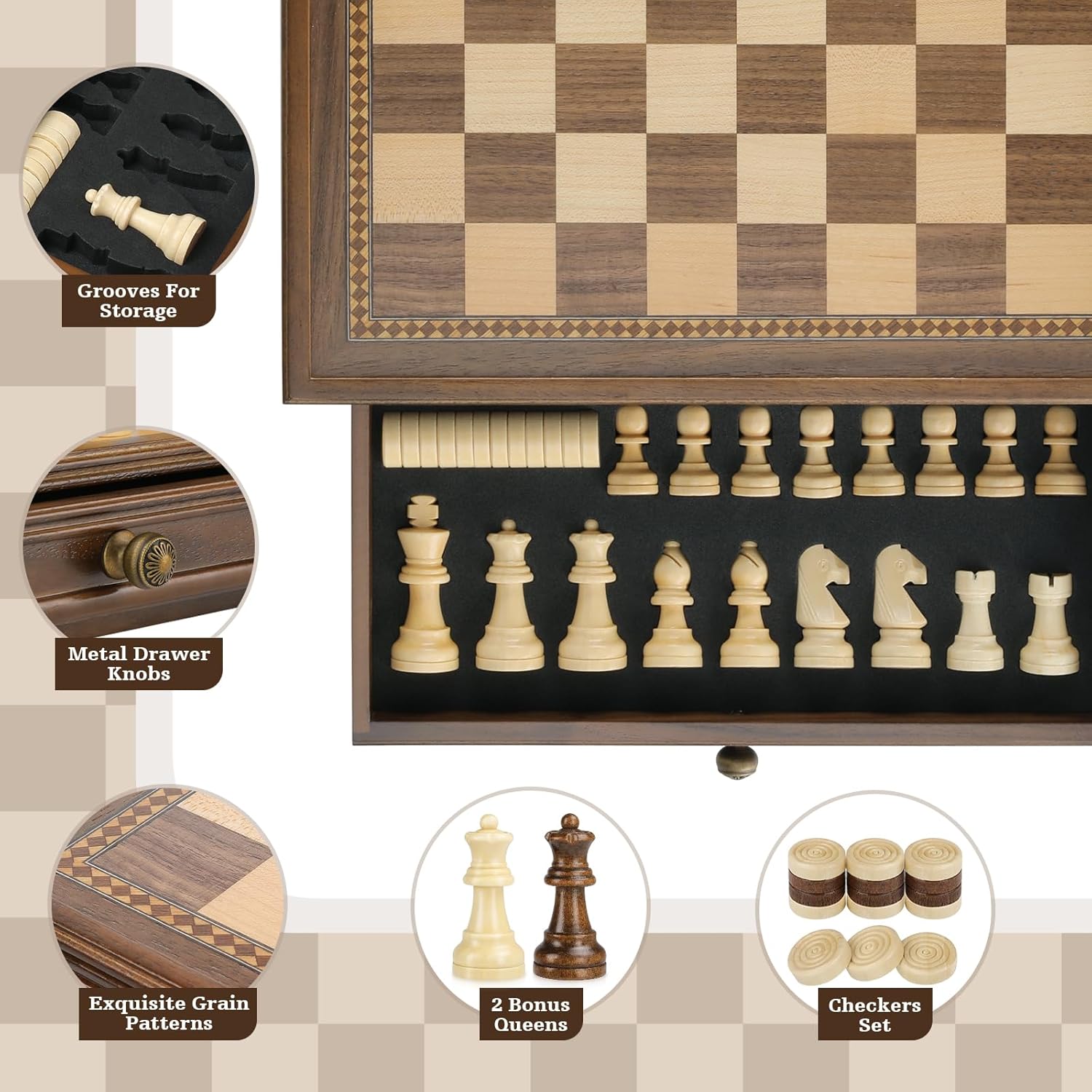 Peradix Magnetic Wooden Chess Set - 32.5 x 32.5 cm Chess Board Game with 2 Built-in Storage Drawers - 2 Bonus Extra Queens - Chess for Beginner, Kids, and Adults, Gift Packaging-2