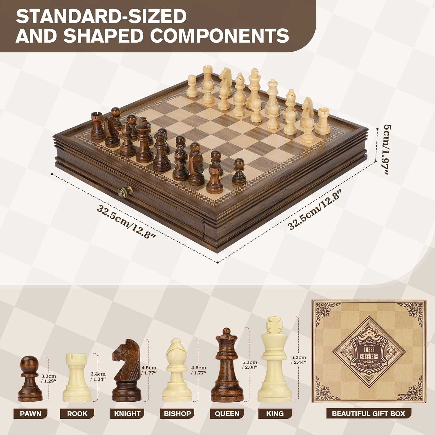 Peradix Magnetic Wooden Chess Set - 32.5 x 32.5 cm Chess Board Game with 2 Built-in Storage Drawers - 2 Bonus Extra Queens - Chess for Beginner, Kids, and Adults, Gift Packaging-6