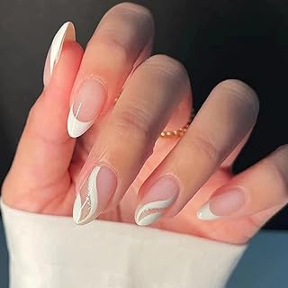 Kyzistn French False Nails Short, 24Pcs Almond Press on Nails with Wavy Pattern, White Swirl Fake Nails Short with Glue, Oval Stick on Nails, Nails Fake Nail for Women Girls Nails