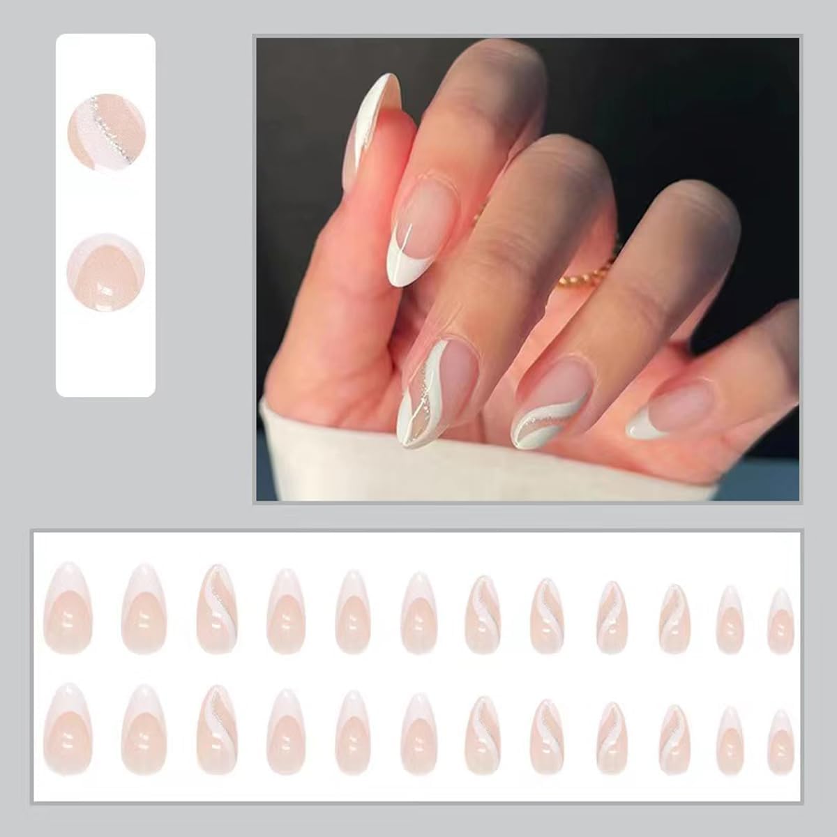 Kyzistn French False Nails Short, 24Pcs Almond Press on Nails with Wavy Pattern, White Swirl Fake Nails Short with Glue, Oval Stick on Nails, Nails Fake Nail for Women Girls Nails-1