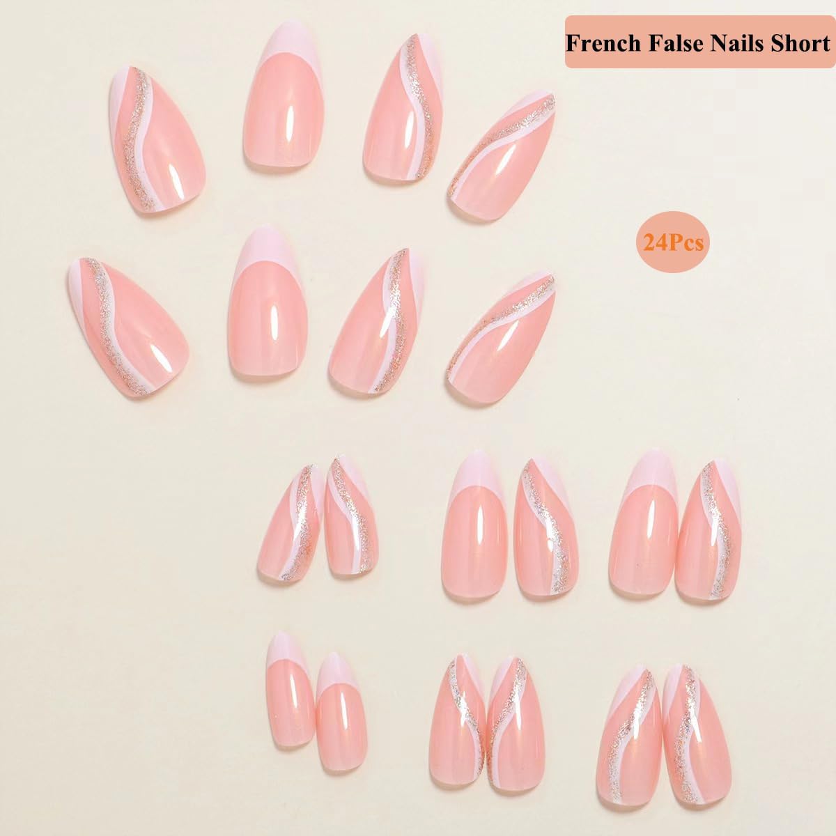 Kyzistn French False Nails Short, 24Pcs Almond Press on Nails with Wavy Pattern, White Swirl Fake Nails Short with Glue, Oval Stick on Nails, Nails Fake Nail for Women Girls Nails-2