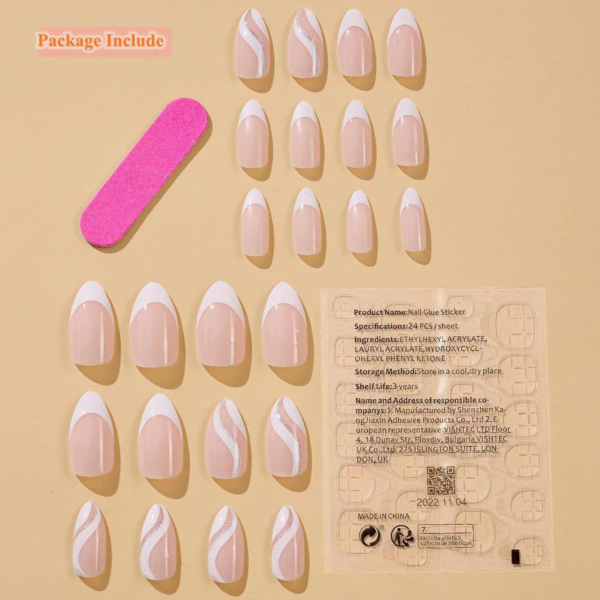 Kyzistn French False Nails Short, 24Pcs Almond Press on Nails with Wavy Pattern, White Swirl Fake Nails Short with Glue, Oval Stick on Nails, Nails Fake Nail for Women Girls Nails-4