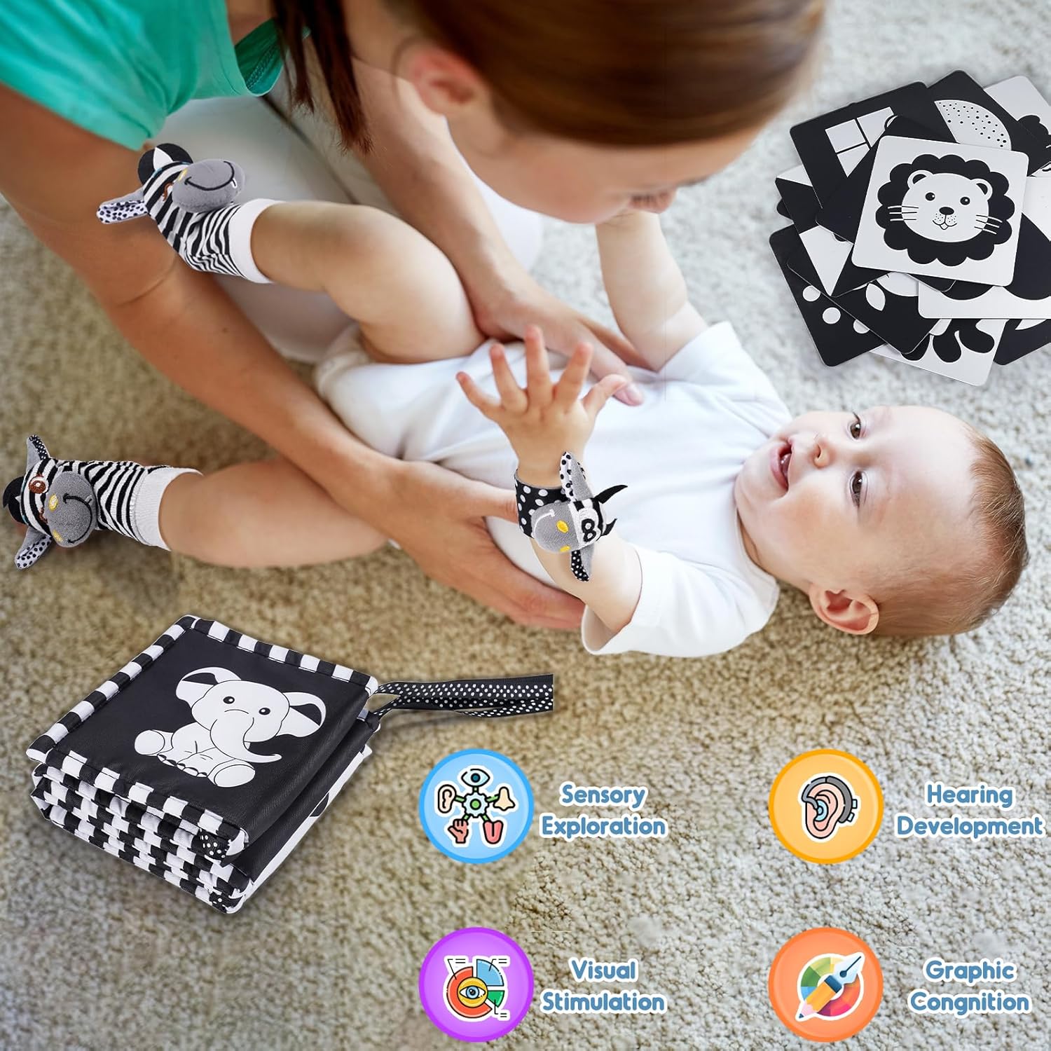 HappyKidsClub Black and White Sensory Toys, Baby Essentials for Newborn Sensory Toys for Babies Baby Toys 0-6 Months Baby Gifts Baby Rattle Socks Toys for Newborns Baby Sensory Toys 0 6 Months-1