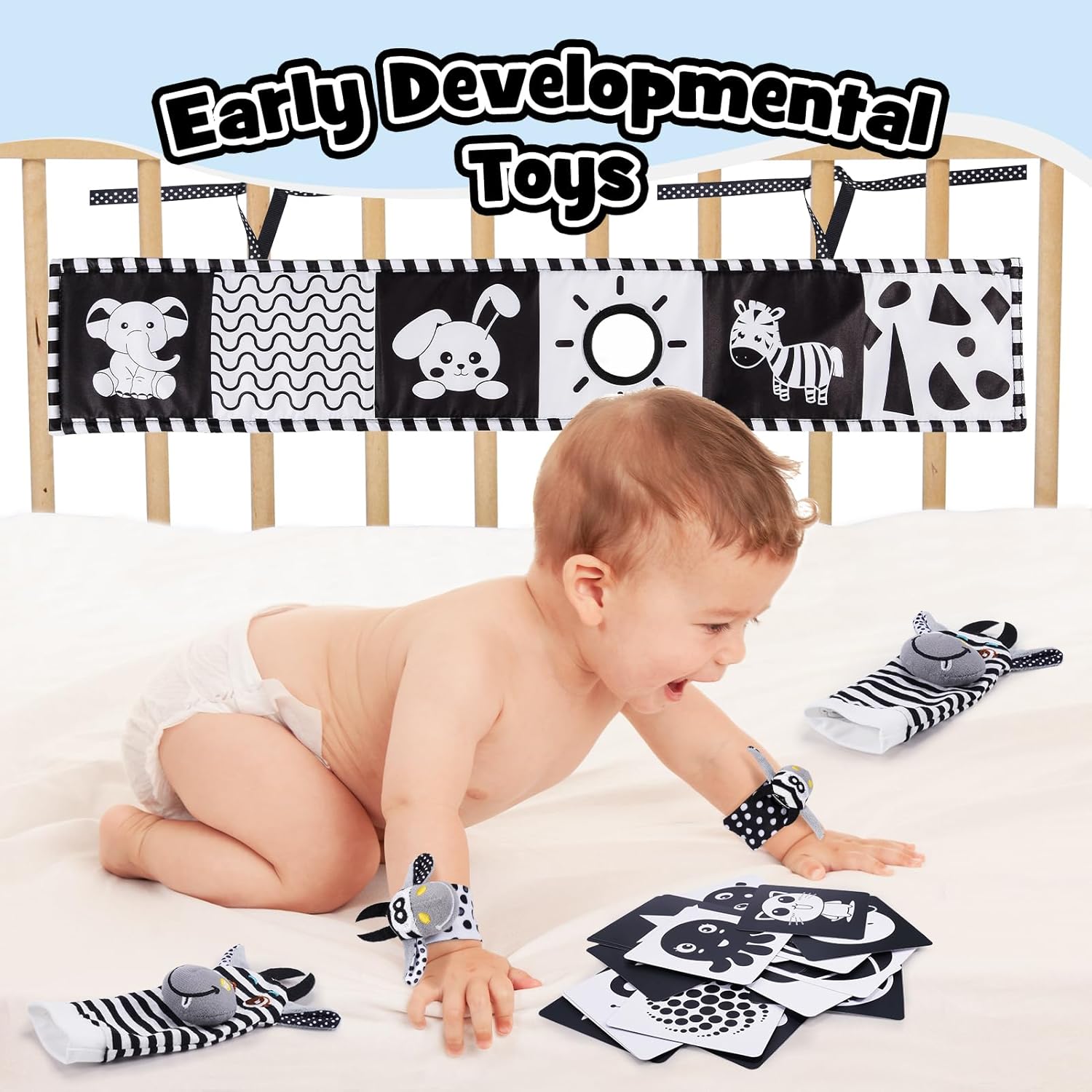 HappyKidsClub Black and White Sensory Toys, Baby Essentials for Newborn Sensory Toys for Babies Baby Toys 0-6 Months Baby Gifts Baby Rattle Socks Toys for Newborns Baby Sensory Toys 0 6 Months-4