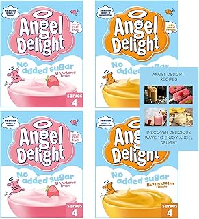 Angel Delight No Added Sugar Bundle contains: 4X 47g - 2 of Each Flavour - Strawberry Angel Delight - Butterscotch Angel Delight bundled with JenBurr Recipes