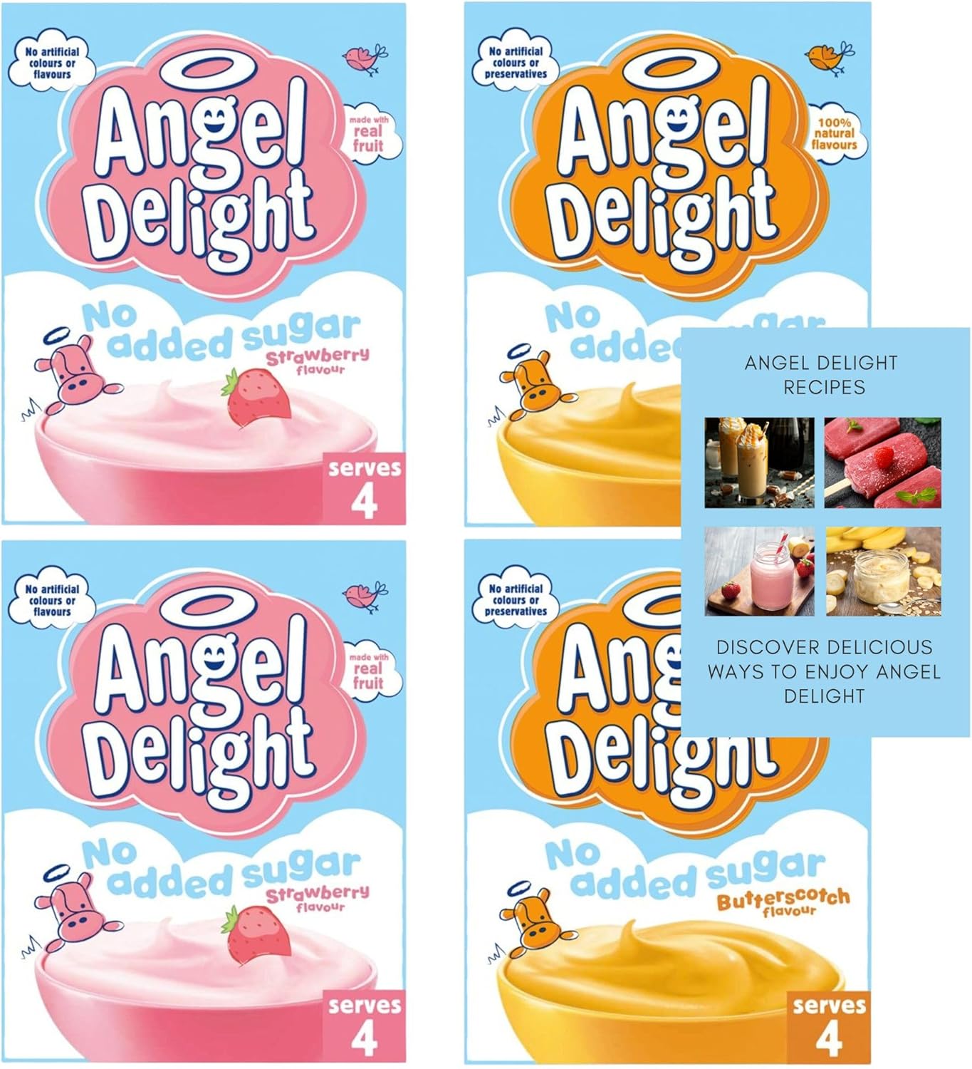 Angel Delight No Added Sugar Bundle contains: 4X 47g - 2 of Each Flavour - Strawberry Angel Delight - Butterscotch Angel Delight bundled with JenBurr Recipes-0