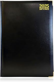 G4GADGET Luxury 2025 A4 Black Day A Page Diary Padded Front & Hardback Cover Gilt Edges