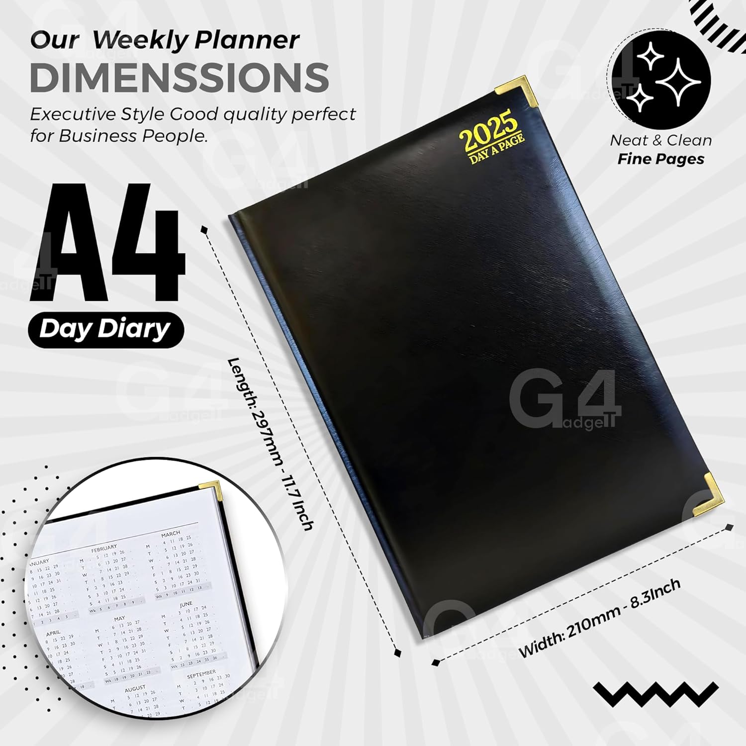 G4GADGET Luxury 2025 A4 Black Day A Page Diary Padded Front & Hardback Cover Gilt Edges-1