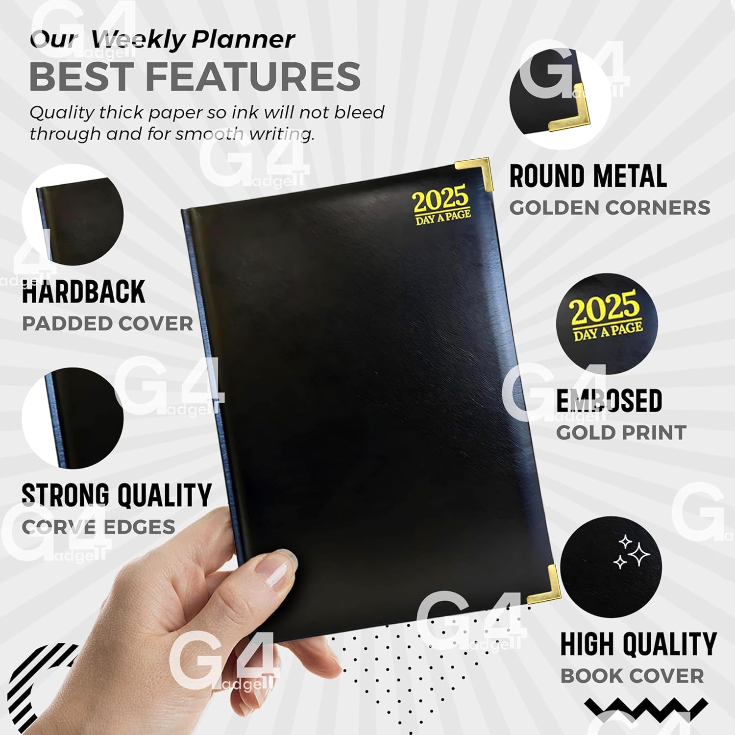 G4GADGET Luxury 2025 A4 Black Day A Page Diary Padded Front & Hardback Cover Gilt Edges-2