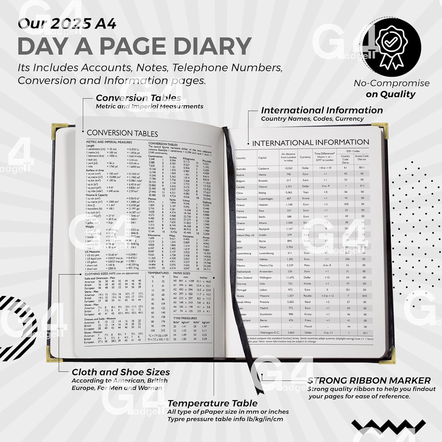 G4GADGET Luxury 2025 A4 Black Day A Page Diary Padded Front & Hardback Cover Gilt Edges-3