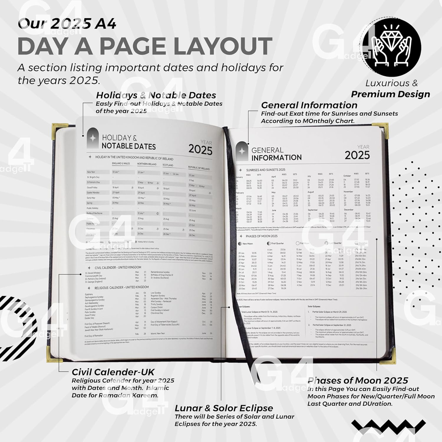 G4GADGET Luxury 2025 A4 Black Day A Page Diary Padded Front & Hardback Cover Gilt Edges-4