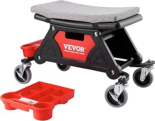 VEVOR Mechanics Stool, 300 LBS Capacity Rolling Mechanic Seat with 4" Wheels, with Three Slide Out Tool Trays and Drawer, Heavy Duty Roller Creeper Seat for Home Garage DIY Automotive