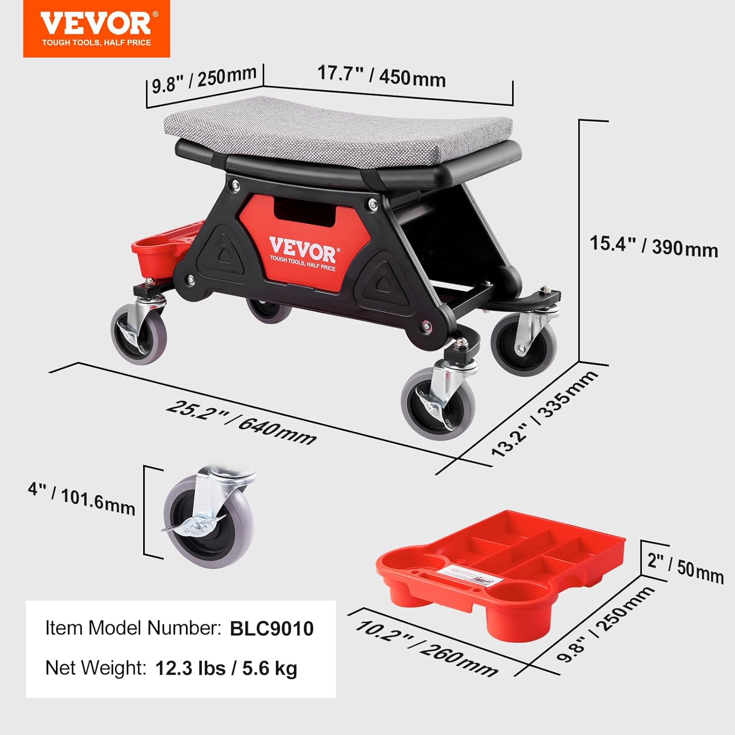 VEVOR Mechanics Stool, 300 LBS Capacity Rolling Mechanic Seat with 4" Wheels, with Three Slide Out Tool Trays and Drawer, Heavy Duty Roller Creeper Seat for Home Garage DIY Automotive-6