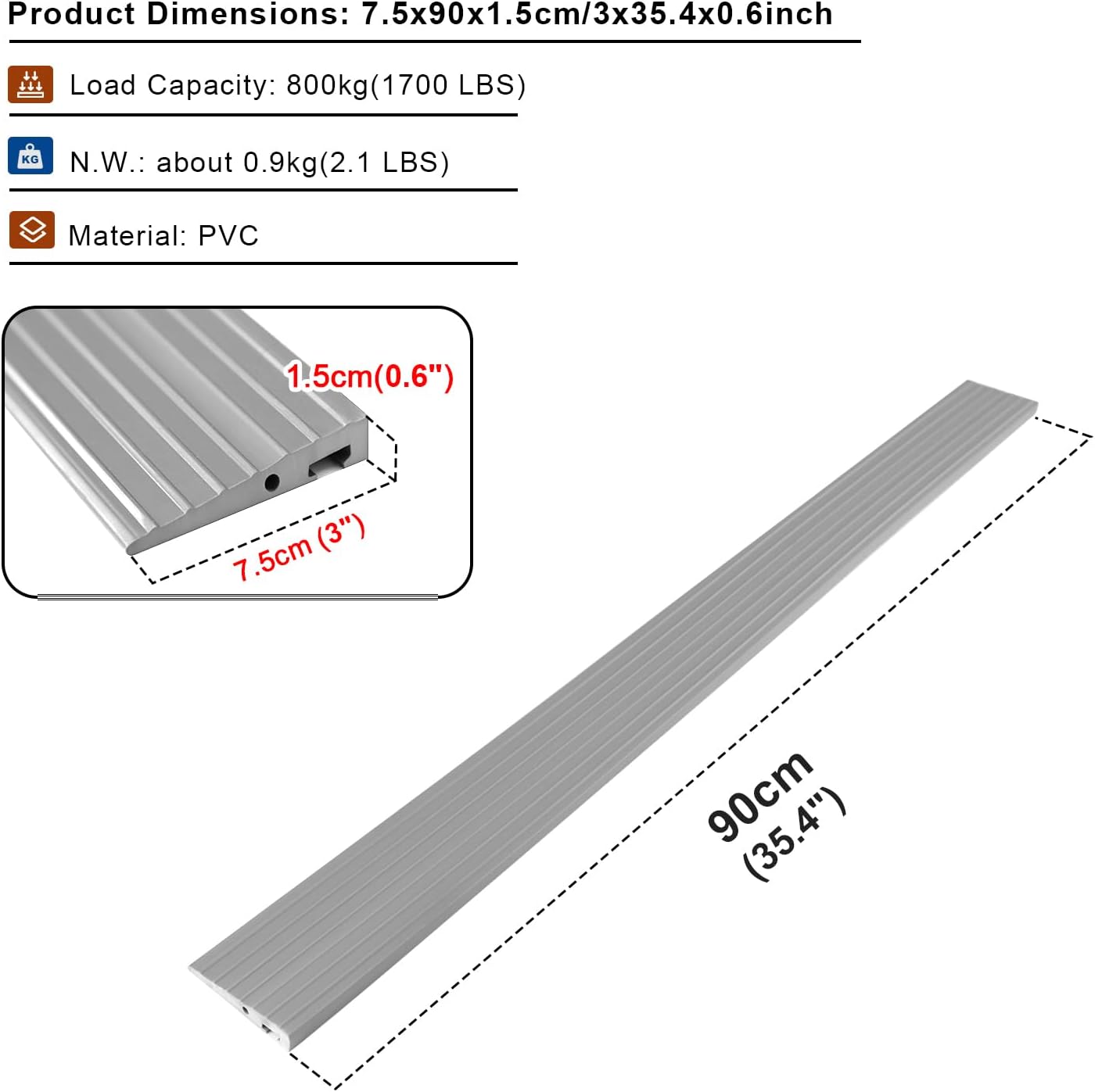 LIEKUMM 1.5cm Rise Threshold Ramps for Wheelchairs, Threshold Ramps for Doorways With Threading Groove, Cuttable PVC Threshold Transition Strip, Door Threshold Ramp with 800kg Capacity, Grey-1