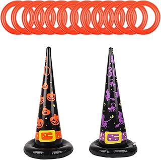 Lezevn 14Pcs Halloween Toss Game Toys Black and Orange Inflatable Witch Hats with Rings Halloween Party Games Supplies