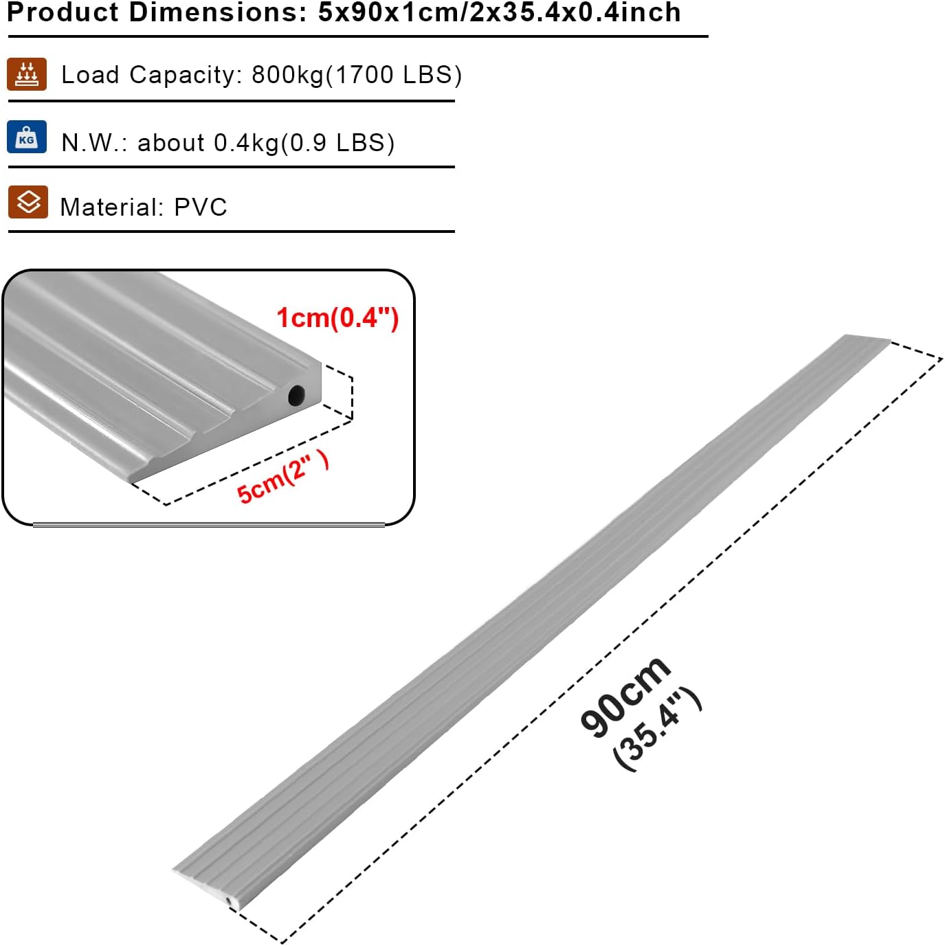 LIEKUMM 1cm Rise Threshold Ramp for Wheelchairs, Threshold Ramps for Doorways, PVC Wheelchair Ramp for Transition Strip, 800kg Capacity Door Strip Trim Ramp for Doorways, Bathroom-1