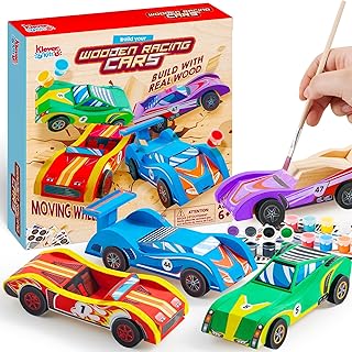 Klever Kits 4 PC Racing Cars Painting Kit, Arts and Crafts for Kids Age 6-12,Paint Your Own Wooden Cars, Car Activities for Kids,Birthday Creativity Gifts for Boys Ages 6 7 8 9 10 11 12