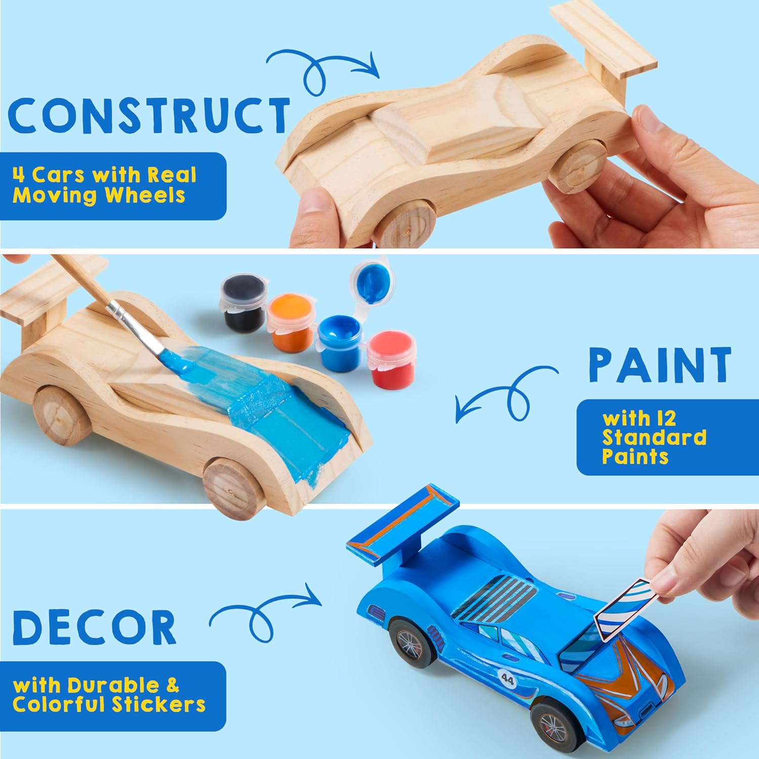 Klever Kits 4 PC Racing Cars Painting Kit, Arts and Crafts for Kids Age 6-12,Paint Your Own Wooden Cars, Car Activities for Kids,Birthday Creativity Gifts for Boys Ages 6 7 8 9 10 11 12-1