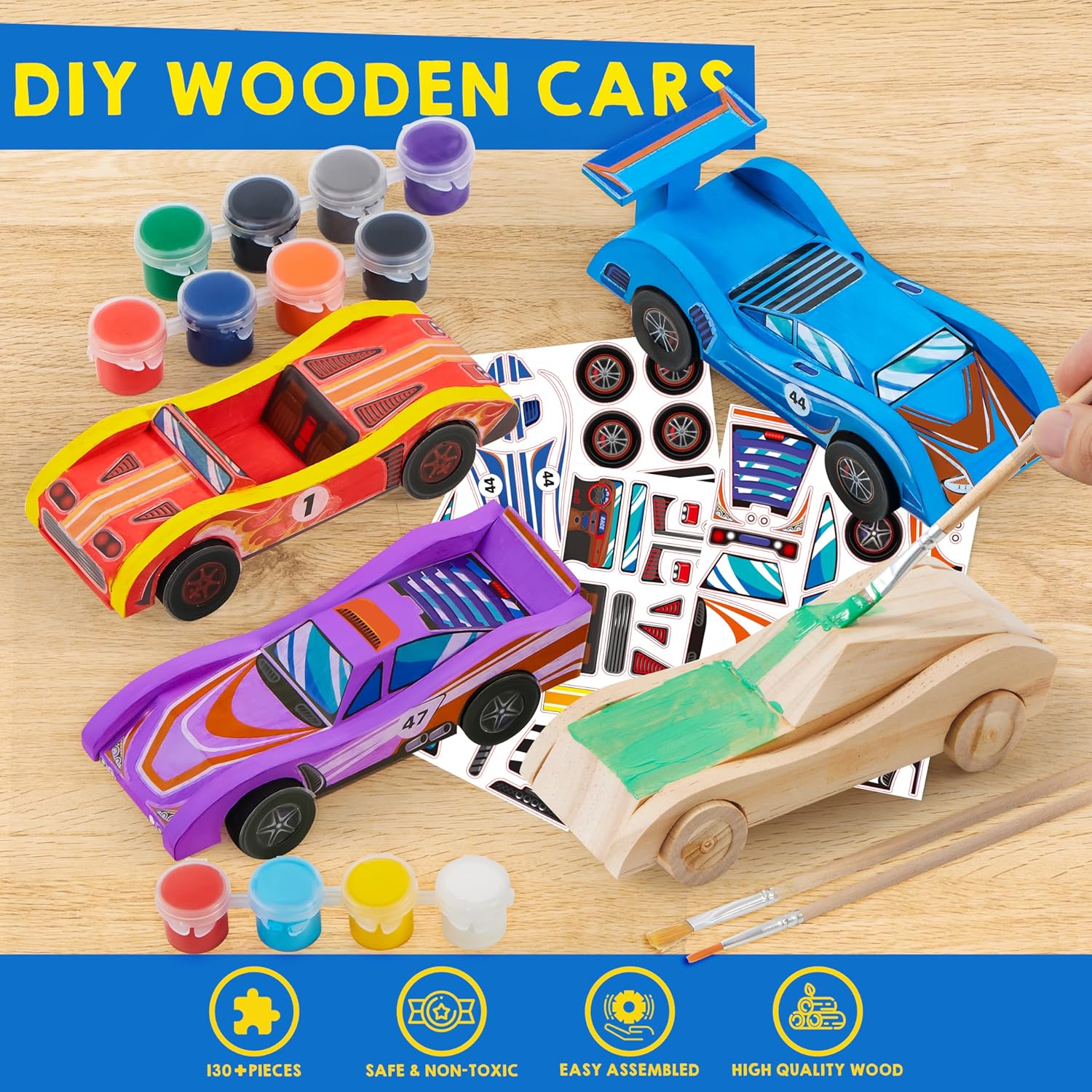 Klever Kits 4 PC Racing Cars Painting Kit, Arts and Crafts for Kids Age 6-12,Paint Your Own Wooden Cars, Car Activities for Kids,Birthday Creativity Gifts for Boys Ages 6 7 8 9 10 11 12-4