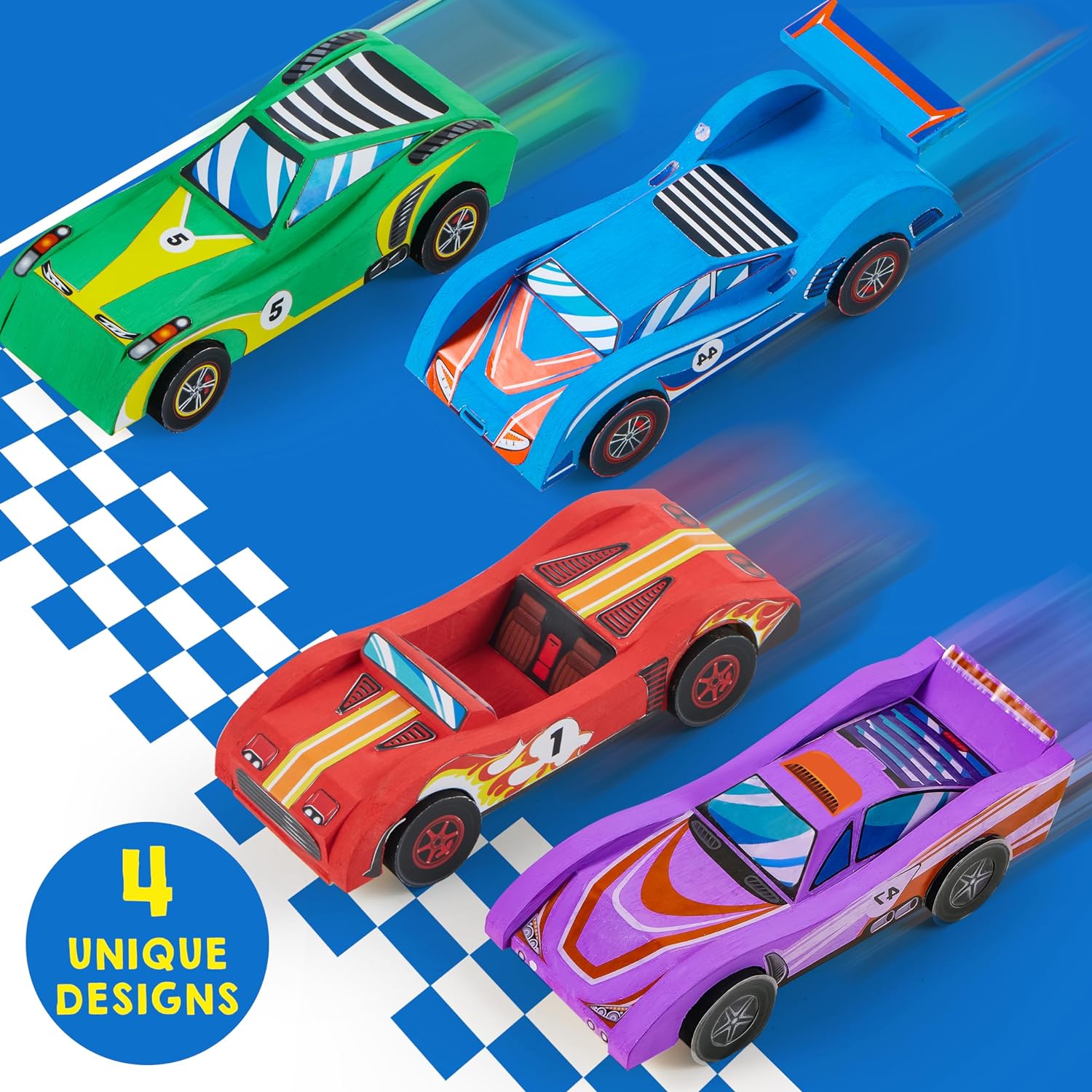 Klever Kits 4 PC Racing Cars Painting Kit, Arts and Crafts for Kids Age 6-12,Paint Your Own Wooden Cars, Car Activities for Kids,Birthday Creativity Gifts for Boys Ages 6 7 8 9 10 11 12-5