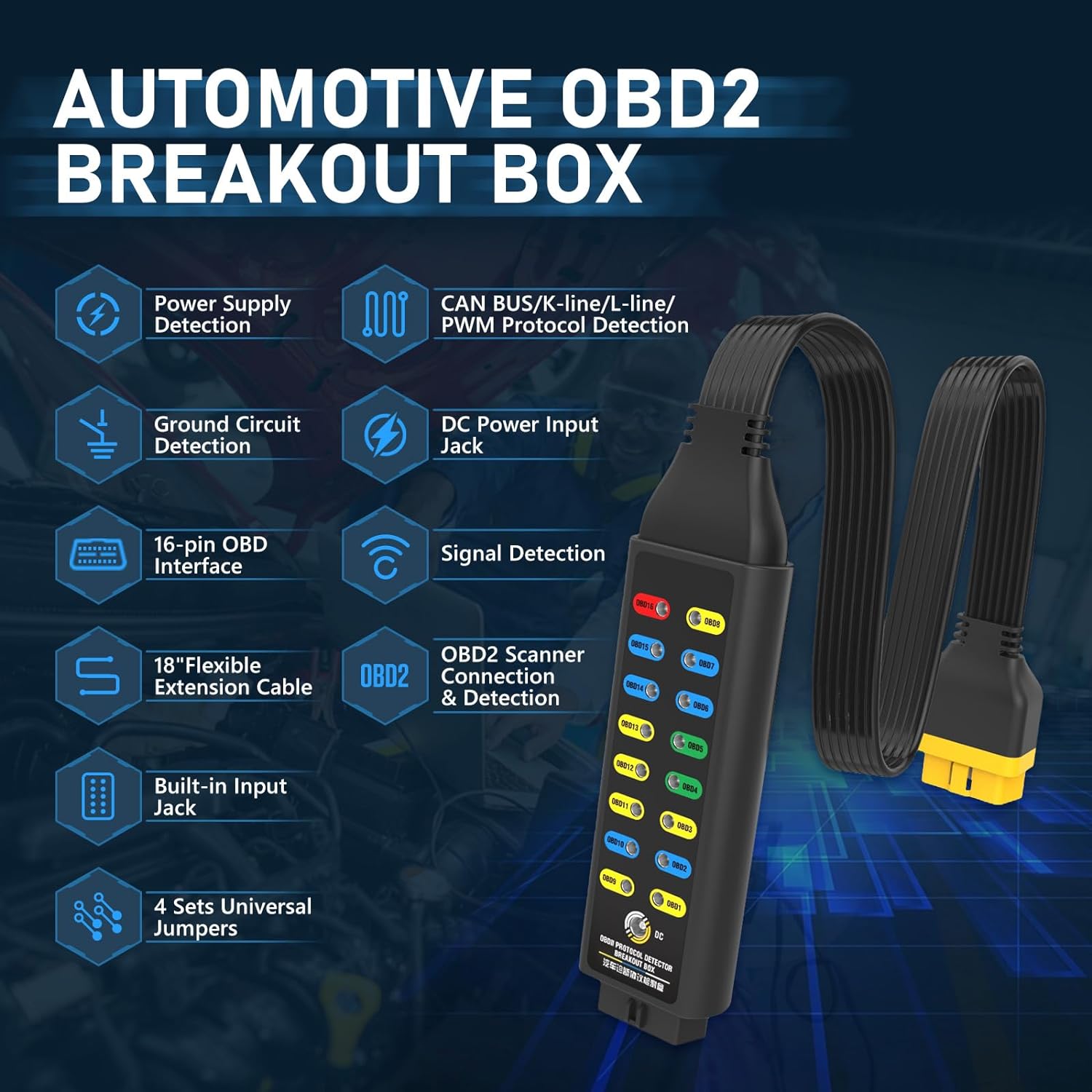 OBD2 Breakout Box, Automotive OBDII Protocol Detector Communication/Power/Ground Detection Breakout Box 16-Pin CAN 17.7 inches Cable Fault Diagnosis Scan Tool with Universal Wire Jumper and Clips-1