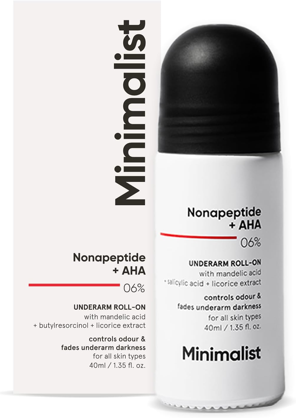 Minimalist Underarm Roll On Deodorant with Nonapeptide + AHA BHA 06% | Controls Odour & Fades Darkness | Fragrance & Aluminium Free | Exfoliating Deo For Women & Men | 40ml-0