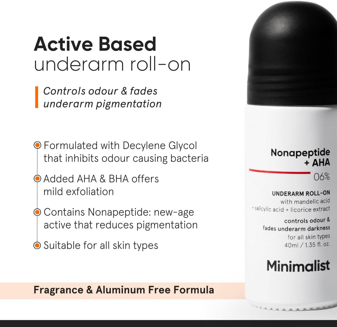 Minimalist Underarm Roll On Deodorant with Nonapeptide + AHA BHA 06% | Controls Odour & Fades Darkness | Fragrance & Aluminium Free | Exfoliating Deo For Women & Men | 40ml-1