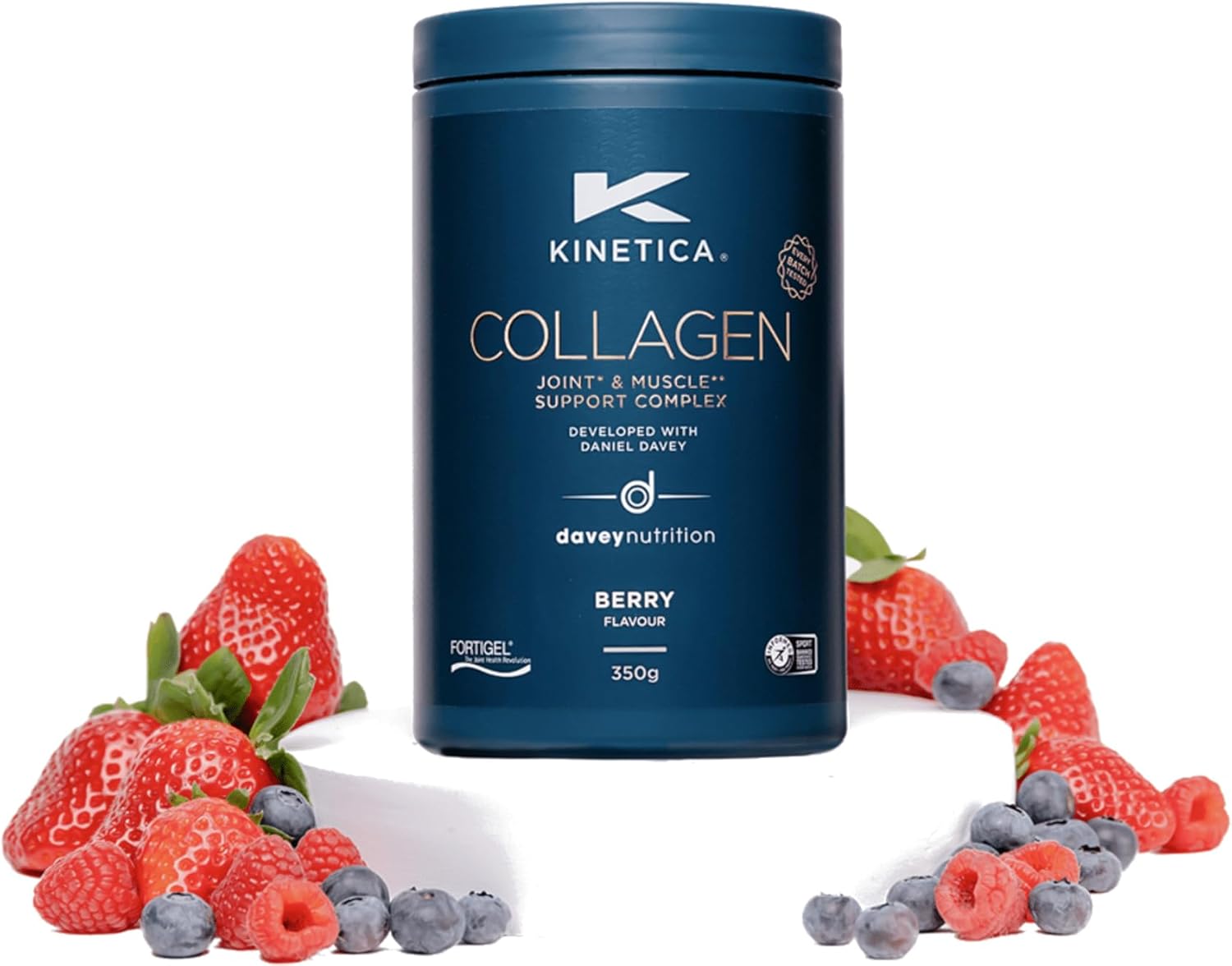 Kinetica Collagen Powder Joint & Muscle Support Complex FORTIGEL Bovine Collagen peptides, 320mg Vitamin C, 5μg Vitamin D, 100mg Hyaluronic Acid, 500mg Glucosamine Sulphate, Berry Flavour, 350g-0