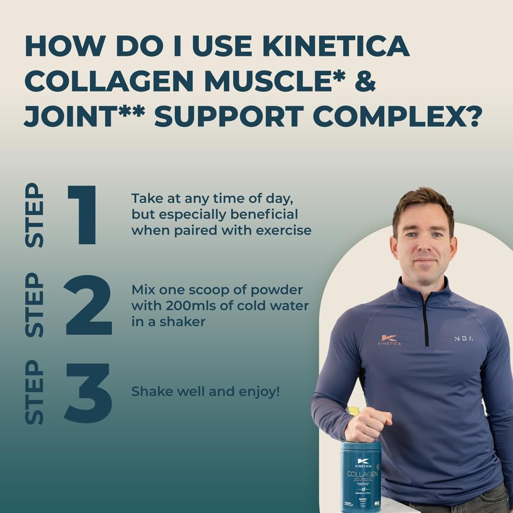 Kinetica Collagen Powder Joint & Muscle Support Complex FORTIGEL Bovine Collagen peptides, 320mg Vitamin C, 5μg Vitamin D, 100mg Hyaluronic Acid, 500mg Glucosamine Sulphate, Berry Flavour, 350g-1