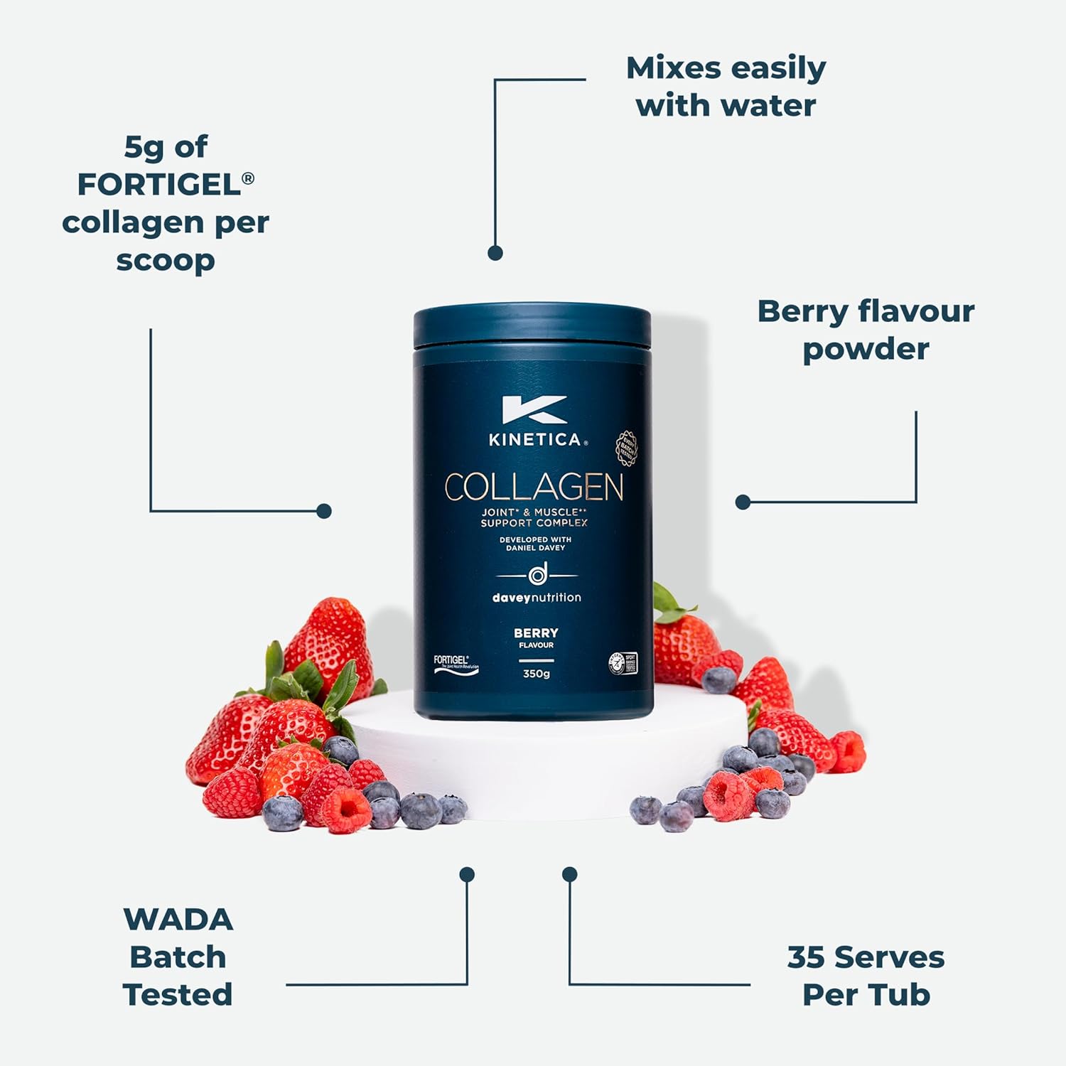 Kinetica Collagen Powder Joint & Muscle Support Complex FORTIGEL Bovine Collagen peptides, 320mg Vitamin C, 5μg Vitamin D, 100mg Hyaluronic Acid, 500mg Glucosamine Sulphate, Berry Flavour, 350g-4